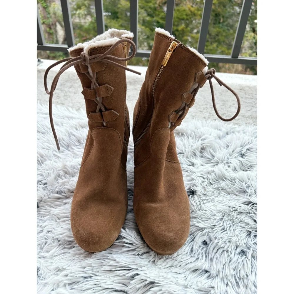 Michael Kors Brown Suede‎ Shearling Wedge Booties
